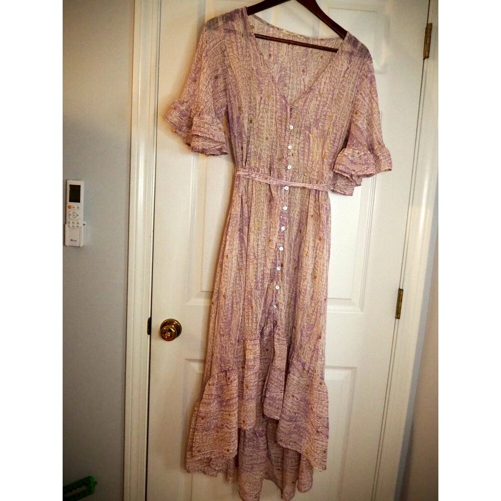 Lovestitch Lavender Gold Clip Dot High Low Maxi Dress L Button Front Boho Lined